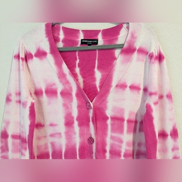 Generation Love Pink White Tie-Dye Cotton Silk Long Sleeve Button-Up Cardigan - Picture 6 of 13
